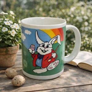 VTG Easter Bunny Artist Coffee Mug Rainbow Spring Bee International Cute READ